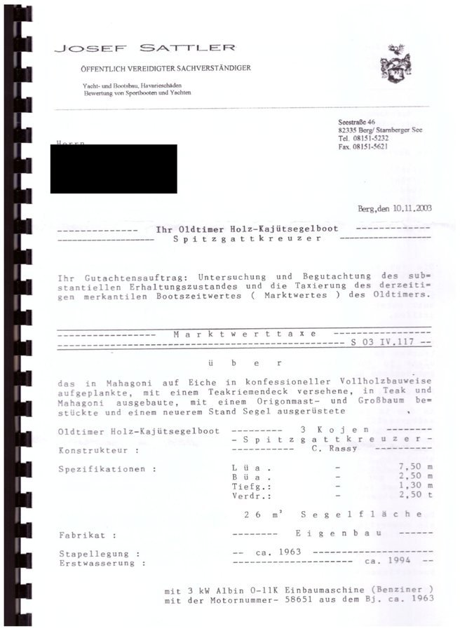 Erste Seite des Wertgutachtens von 2003